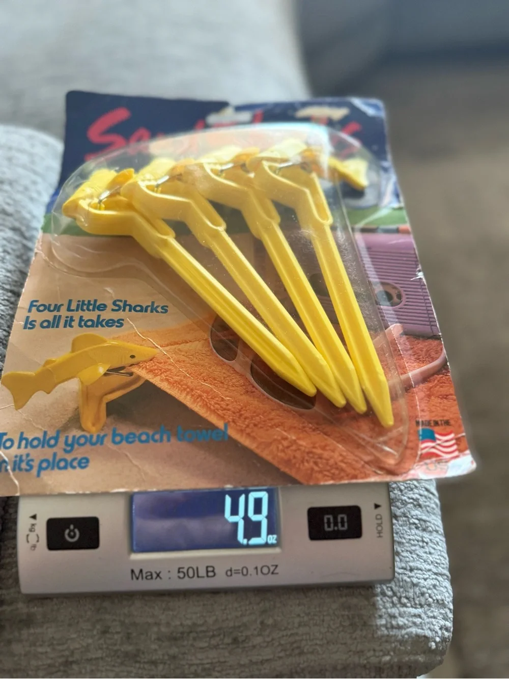 Vintage 1980s package 4 of Sand Sharks Sand Spikes for beach towel. MADE IN USA.